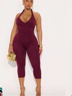Fashion Nova Braided Halter Capri Jumpsuit in Burgundy